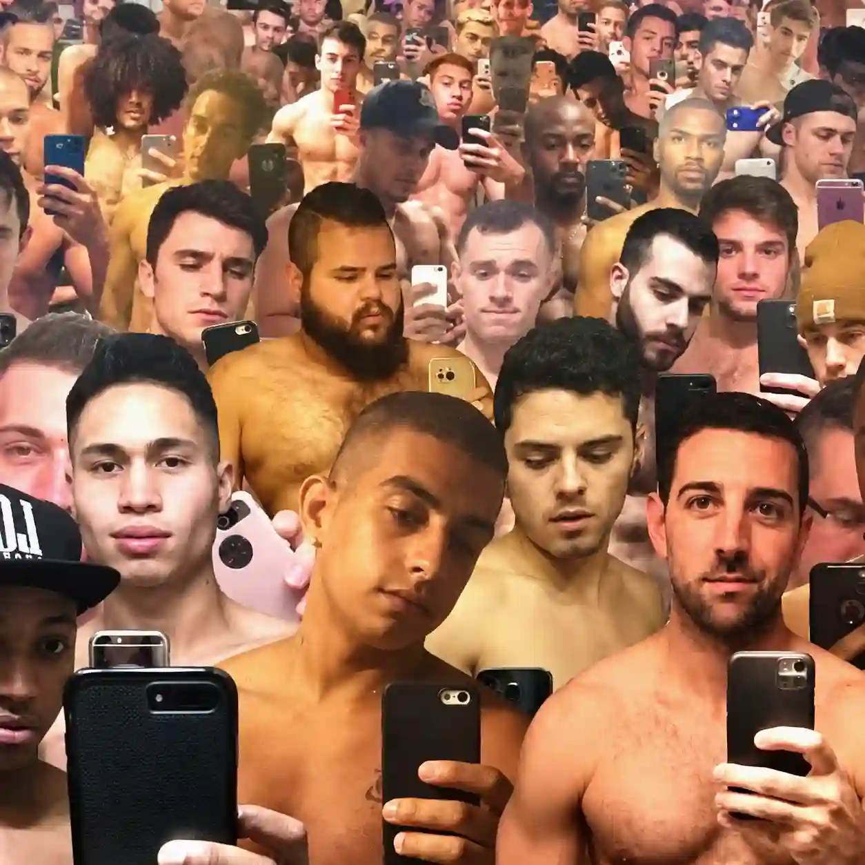 Adicción al Grindr y otras apps de ligoteo: ilustración collage del artículo con hombres haciéndose selfies