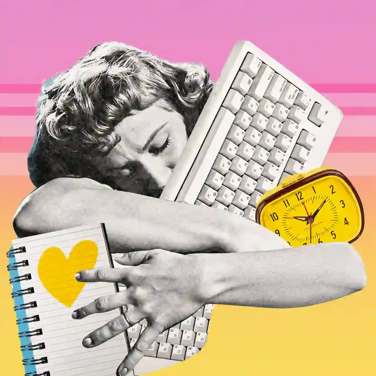 Autoexigencia y perfeccionismo: ilustración de artículo con collage de mujer abrazando teclado